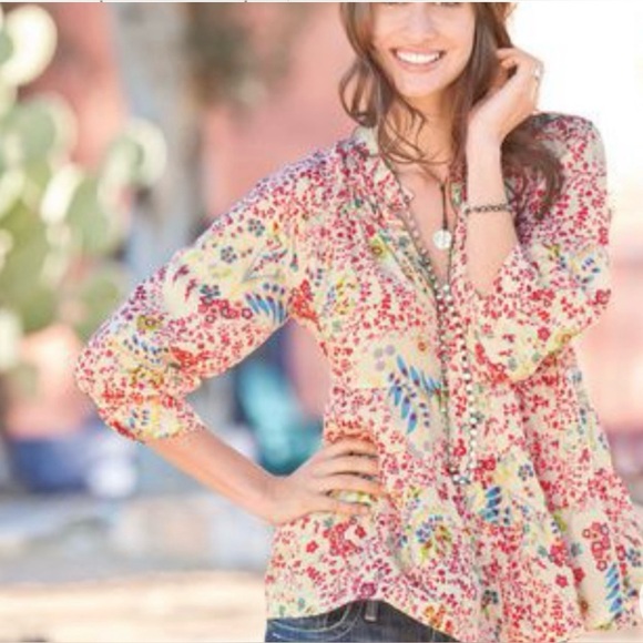 SUNDANCE Catalog Flower Festival Washable Silk Blouse Tiered Top Ivory Shirt - Picture 11 of 11